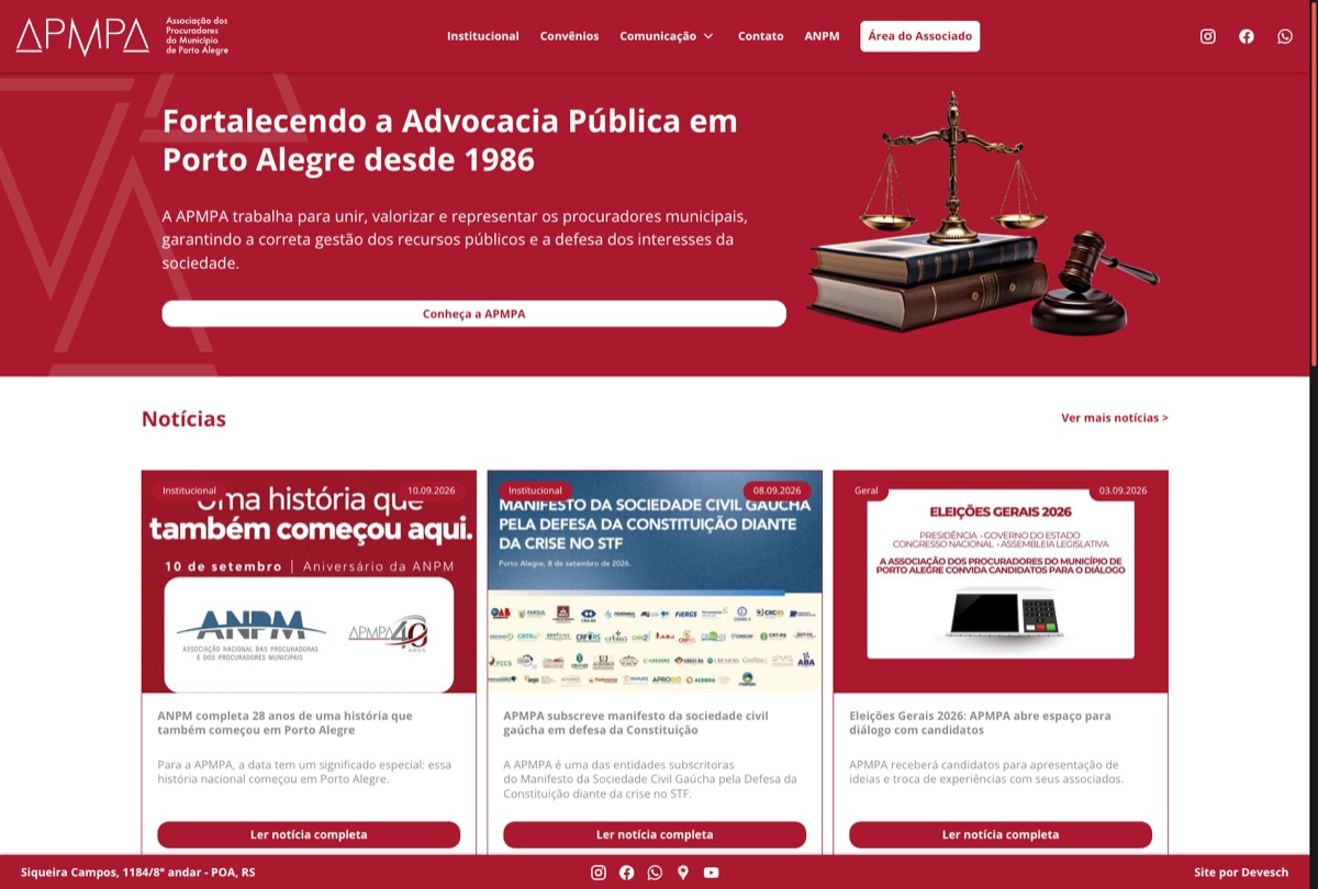 Website da APMPA com informações institucionais, notícias e acesso dos associados